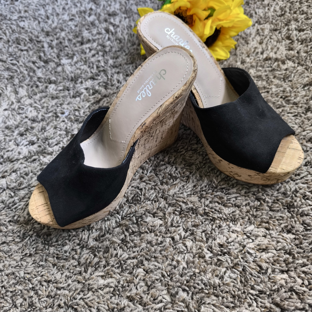 Charles David Black and Tan Wedge Sandals